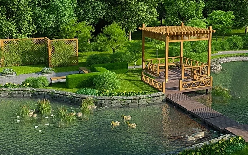 Отличный ландшафтный дизайн водоема в городе Алматы